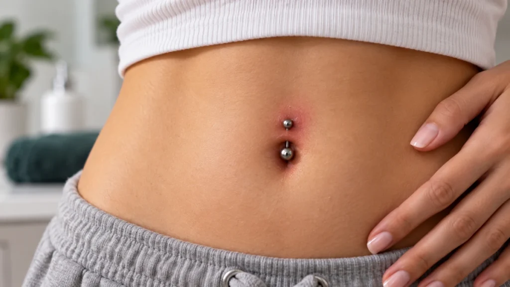 Piercing nombril infecté avec rougeur et irritation autour du bijou