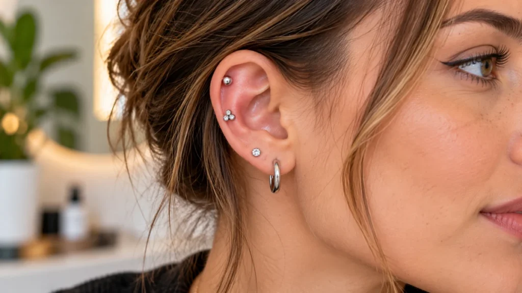 Piercing titane porté à l'oreille avec plusieurs bijoux argentés