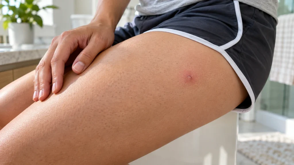 Poil incarné près du maillot, visible sur le haut de la cuisse