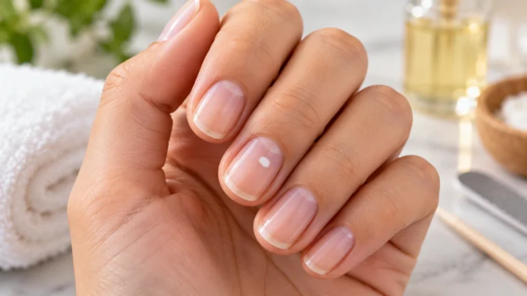 Tache blanche sur un ongle naturel correspondant à une leuconychie