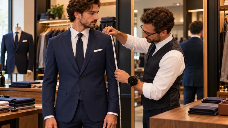 Tailleur prenant les mesures d'un homme pour choisir la bonne taille de costume
