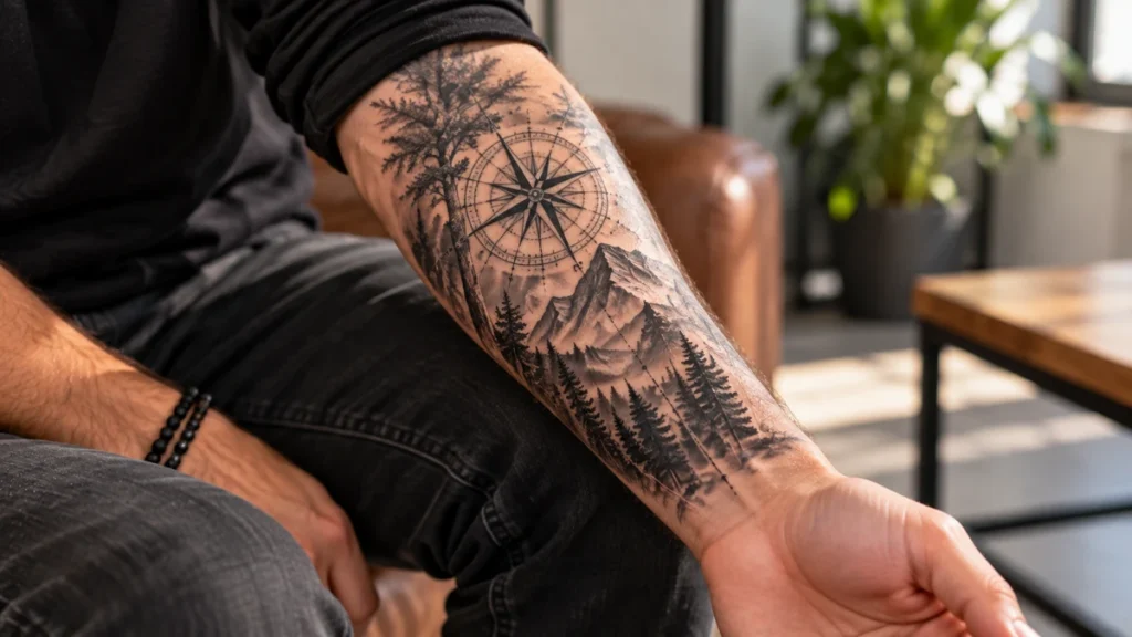 Tatouage avant-bras noir et gris avec motif montagne et boussole