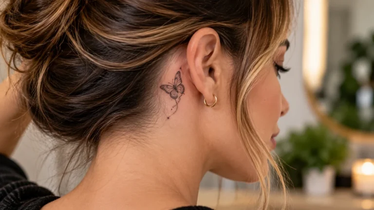Tatouage derrière l'oreille représentant un papillon fin et discret