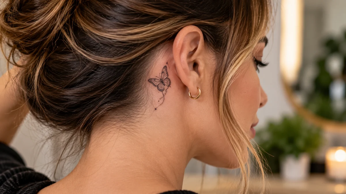 Tatouage derrière l'oreille représentant un papillon fin et discret