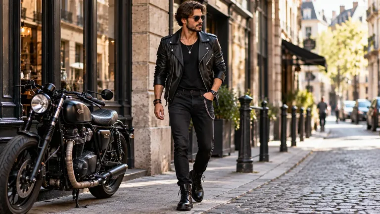 Tenue homme rock avec perfecto noir, jean sombre et boots en cuir
