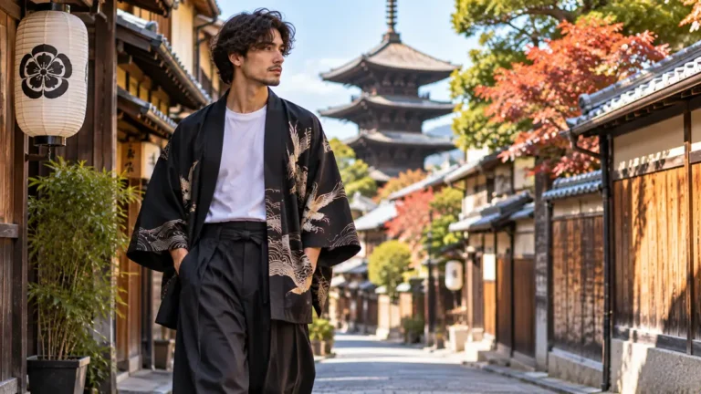 Tenue japonaise homme moderne avec haori et pantalon large