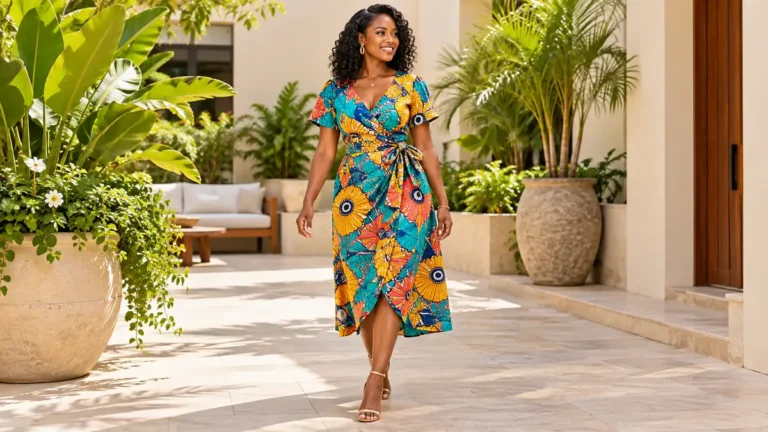 Ankara fashion style : femme portant une robe portefeuille aux motifs turquoise, jaunes et corail sur une terrasse lumineuse.