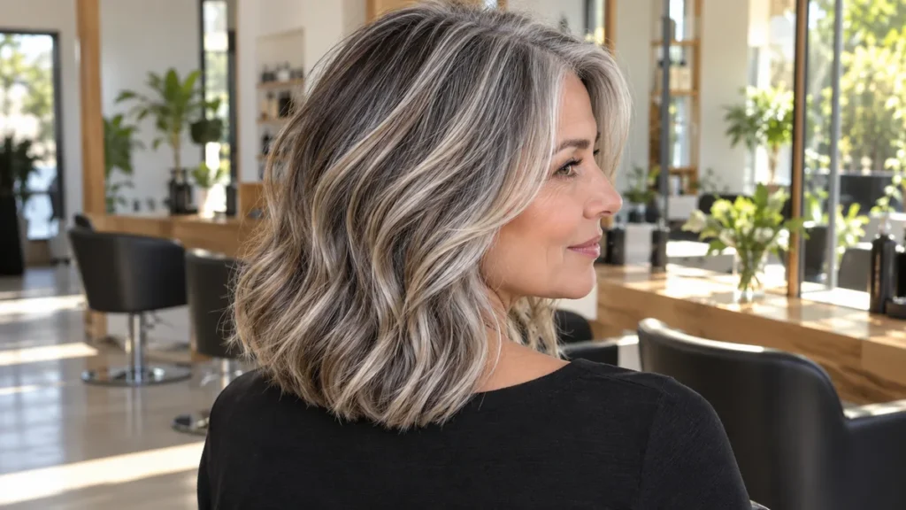 Balayage sur cheveux gris mêlant mèches argentées et reflets beiges