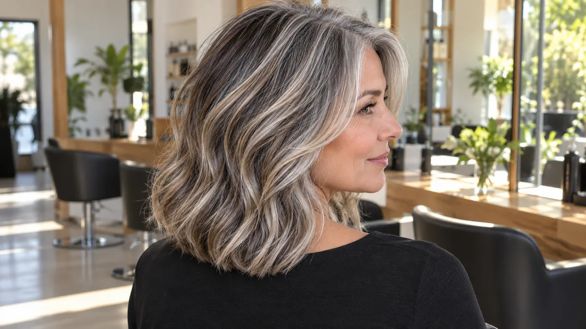 Balayage sur cheveux gris mêlant mèches argentées et reflets beiges