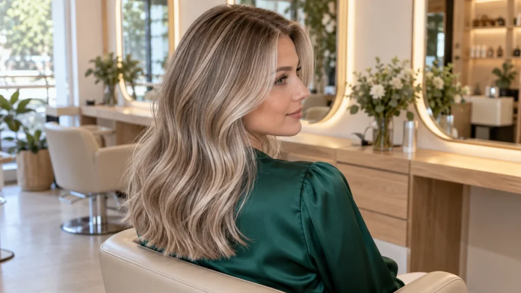 Cheveux cendrés longs et ondulés, aux reflets blond froid et aux racines plus foncées, dans un salon de coiffure.