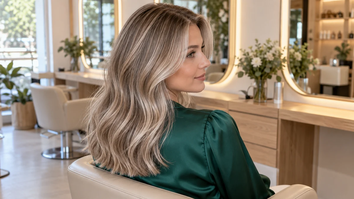 Cheveux cendrés longs et ondulés, aux reflets blond froid et aux racines plus foncées, dans un salon de coiffure.
