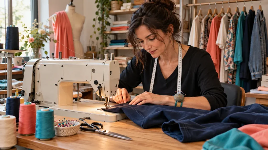 Illustration de l’activité de Chif Mode : une couturière réalise une retouche de pantalon à la machine.