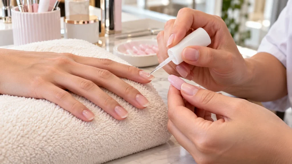 Application de colle à faux ongles avant la pose d’une capsule rose