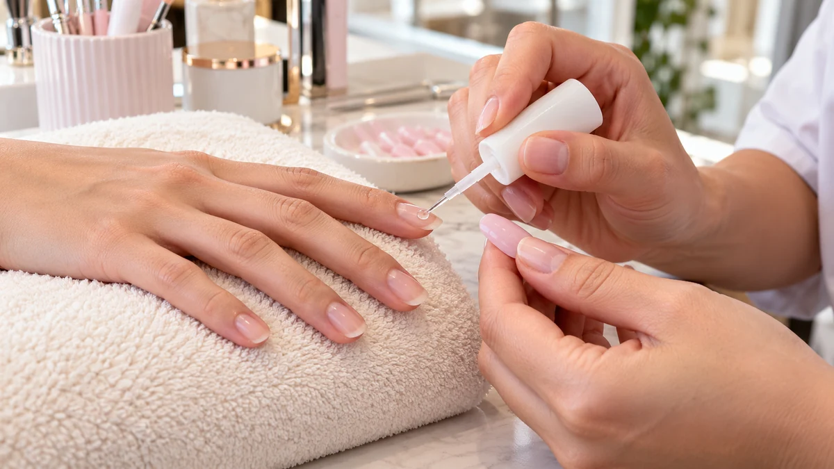 Application de colle à faux ongles avant la pose d’une capsule rose