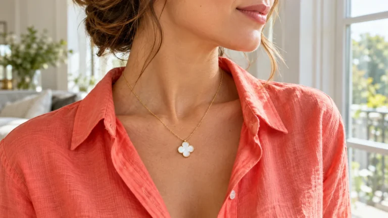 Collier style Van Cleef à pendentif trèfle blanc nacré et chaîne dorée, porté avec une chemise corail.