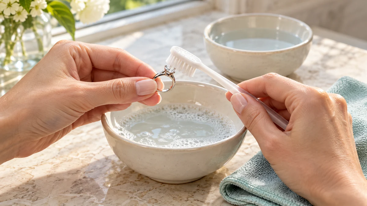 Comment nettoyer une bague en or blanc avec une brosse souple au-dessus d’un bol d’eau savonneuse.