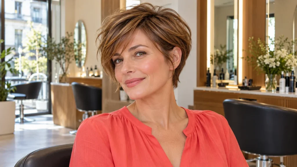 Coupe courte femme moderne sur cheveux fins, avec du volume sur le dessus et une mèche latérale, dans un salon de coiffure.