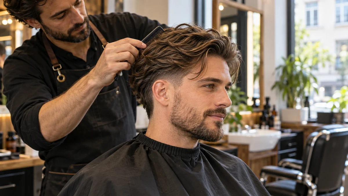 Coupe de cheveux homme mi long dégradé avec dessus ondulé et côtés courts, coiffée par un barbier dans un salon.