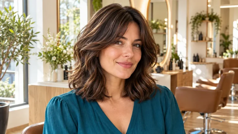 Coupe femme cheveux épais en shag mi-long ondulé, avec une frange rideau et un volume structuré, dans un salon de coiffure.