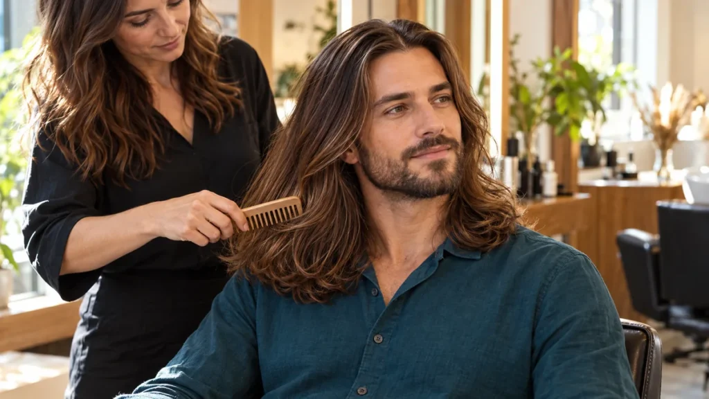Coupe pour homme aux cheveux longs, avec des longueurs châtaines ondulées sous les épaules, coiffées au peigne dans un salon.