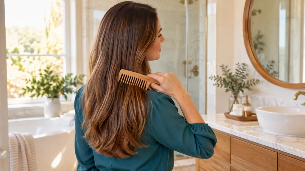 Femme démêlant ses longs cheveux châtains avec un peigne en bois pour préserver les longueurs pendant la pousse.