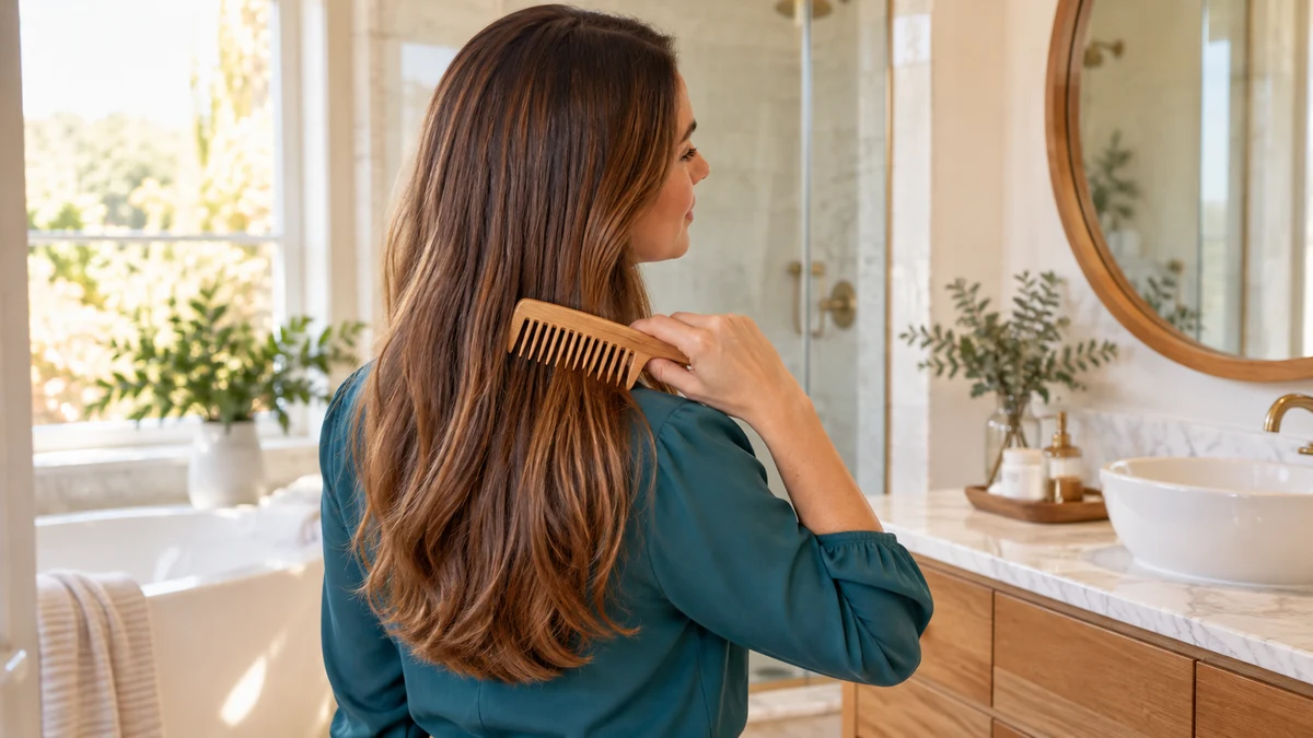 Femme démêlant ses longs cheveux châtains avec un peigne en bois pour préserver les longueurs pendant la pousse.
