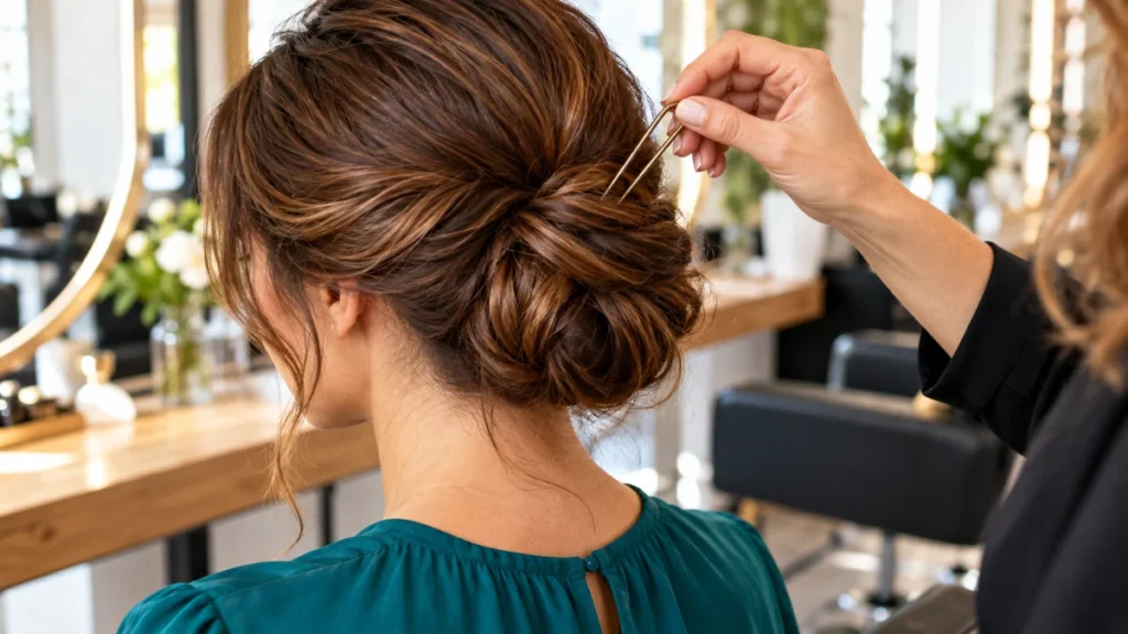 Épingle à cheveux en U posée par une coiffeuse pour maintenir un chignon bas sur des cheveux châtains.