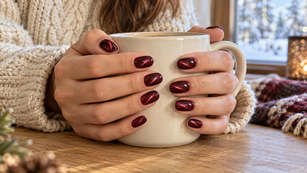 Nail art hiver 2026 : ongles bordeaux à effet cat-eye autour d’une tasse dans une ambiance hivernale.