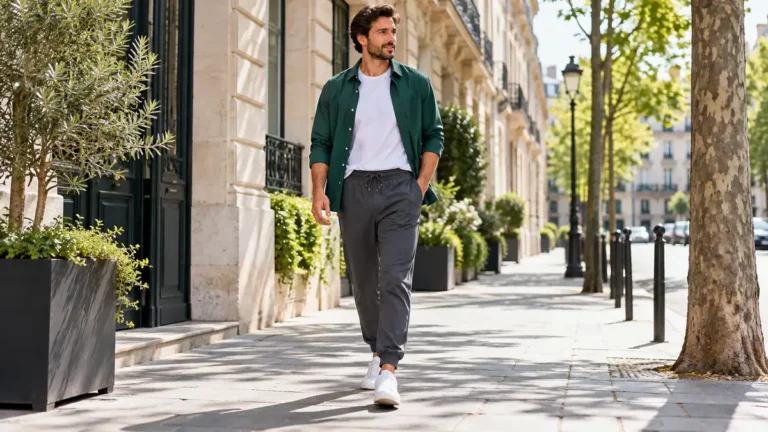Pantalon style jogging homme gris anthracite porté en ville avec une surchemise verte et des baskets blanches.