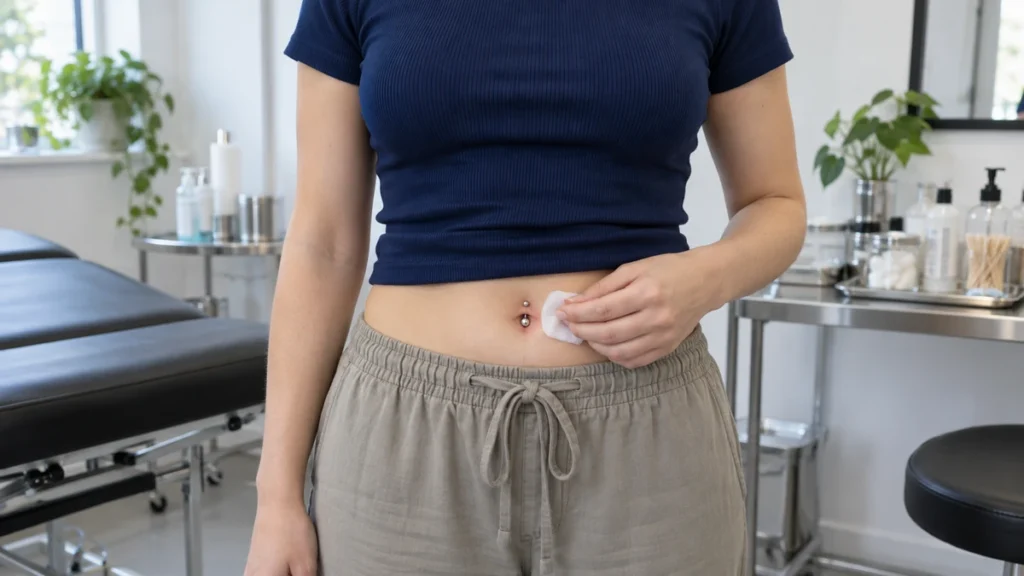 Soin délicat d’un piercing au nombril avec une compresse propre