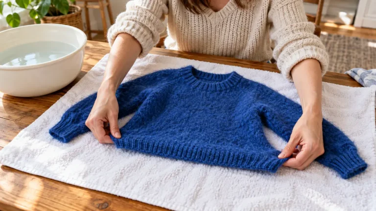 Pull feutré bleu étiré délicatement sur une serviette après trempage