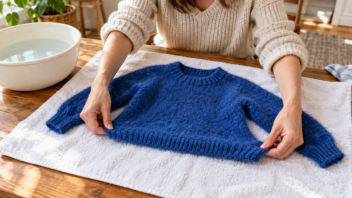 Pull feutré bleu étiré délicatement sur une serviette après trempage