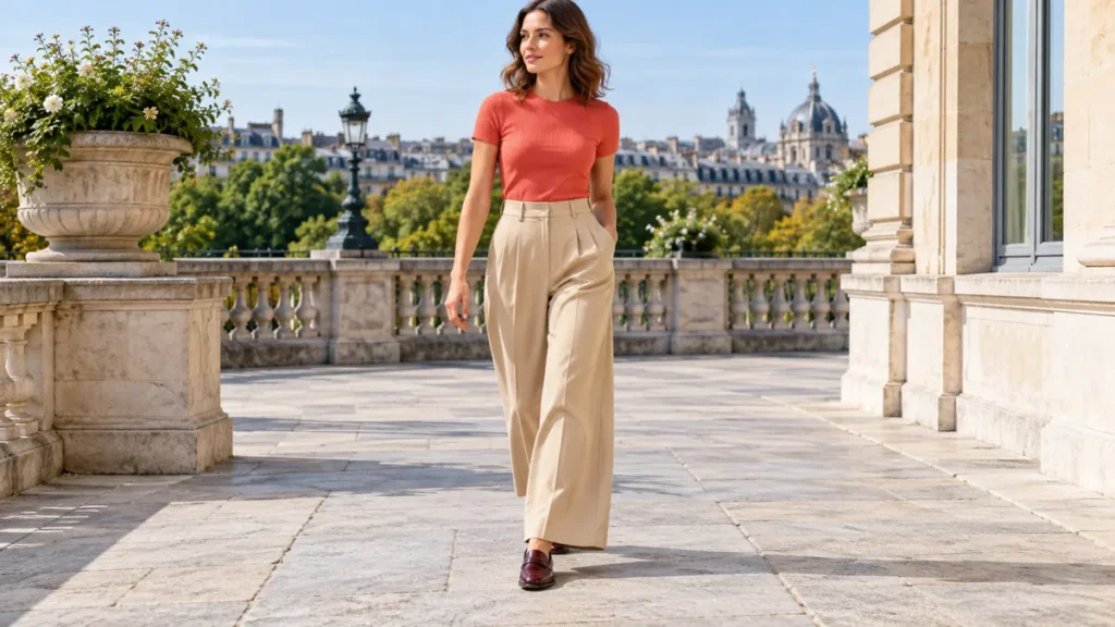 Quelle chaussure avec pantalon large : femme portant un pantalon beige fluide et des mocassins bordeaux.