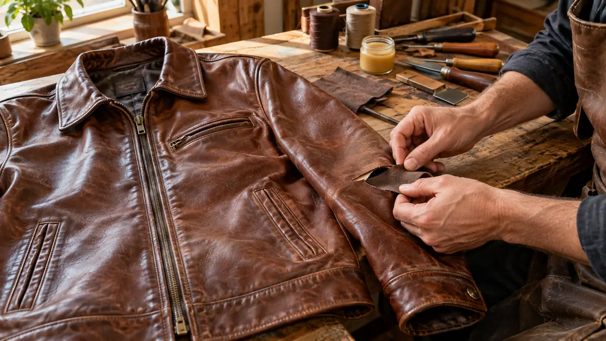 Artisan réparant une déchirure sur une veste en cuir marron