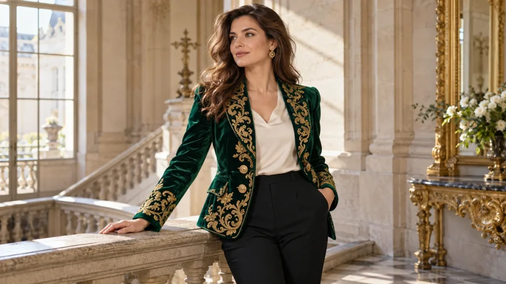 Veste baroque en velours vert brodé d’or portée avec un pantalon noir