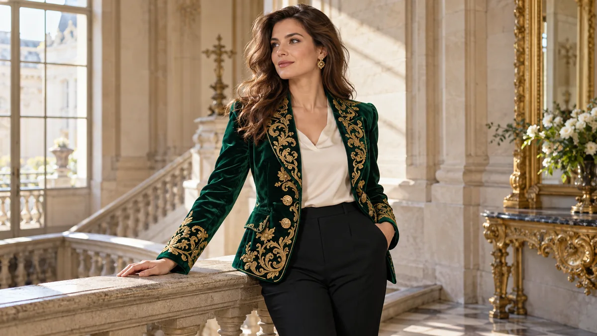Veste baroque en velours vert brodé d’or portée avec un pantalon noir