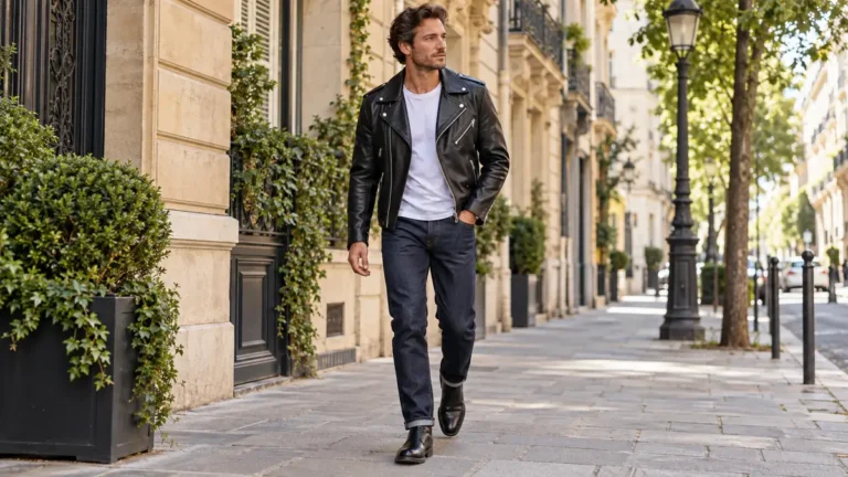 Veste homme style motard en cuir noir, portée en ville avec un tee-shirt blanc, un jean brut et des boots.